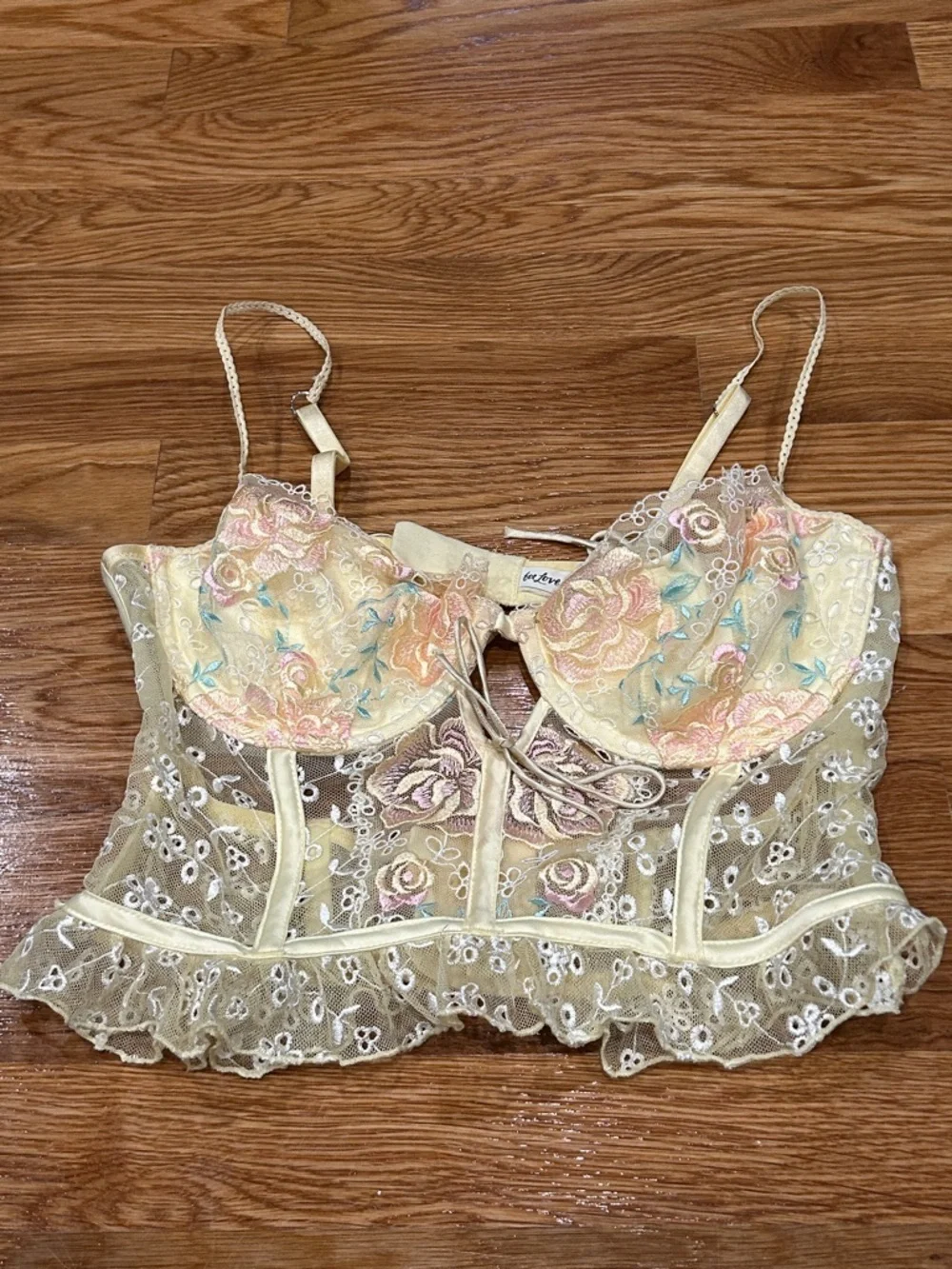 For Love And Lemons pastel Yellow Floral Embroidered Lace Bustier women’s medium
